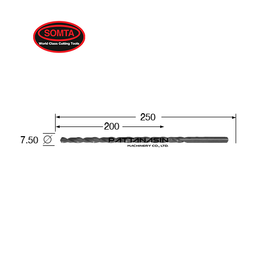 SOMTA ดอกสว่านไฮสปีดเจาะเหล็กแบบยาวพิเศษ - ก้านกลม ขนาด 7.5 มม.