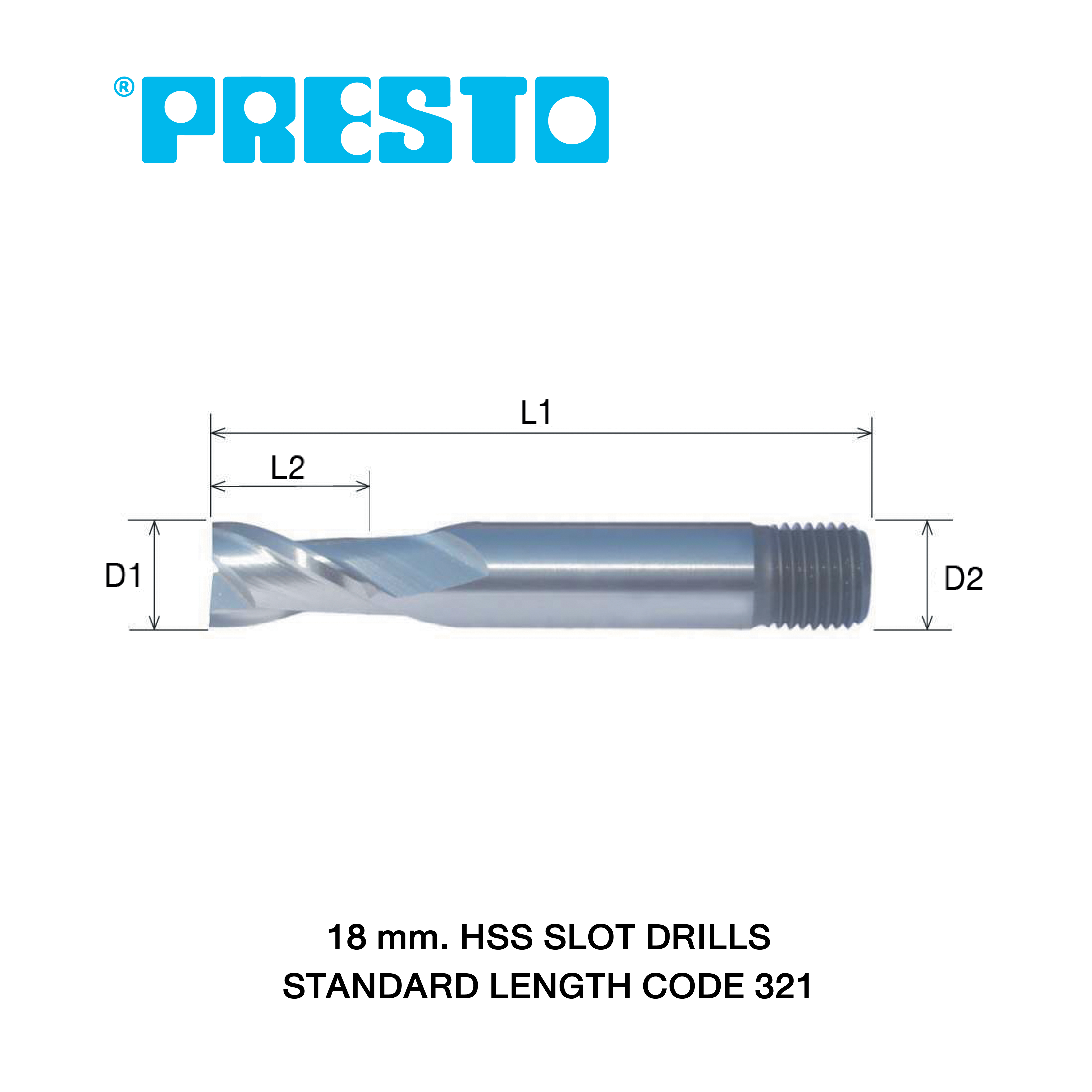 PRESTO เอ็นมิลล์กัดร่องลิ่ม 2 คม ขนาด 18 มม.